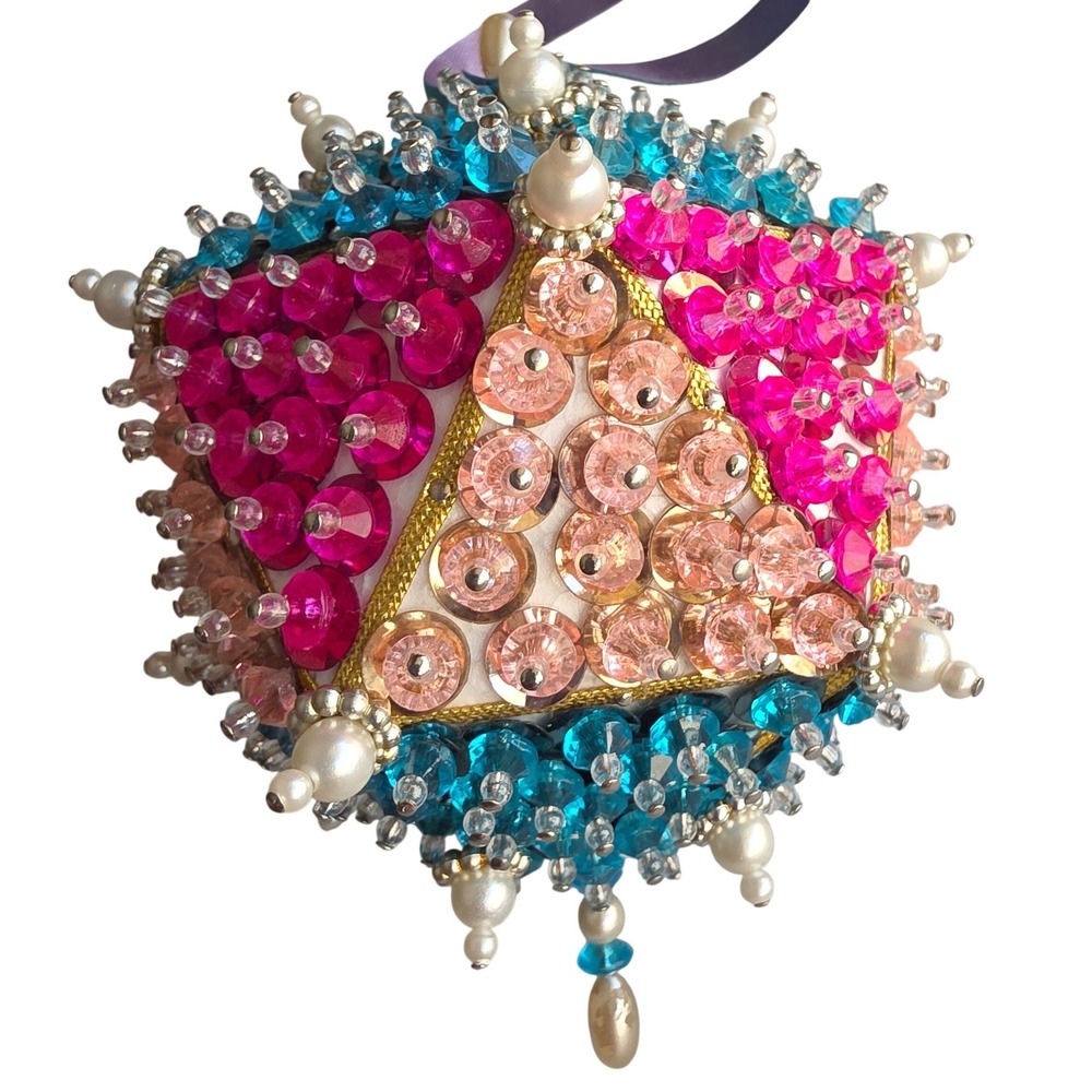 Handmade Beaded Sequin Christmas Ornament Pink Blue Pearl Geometric 3 Inch